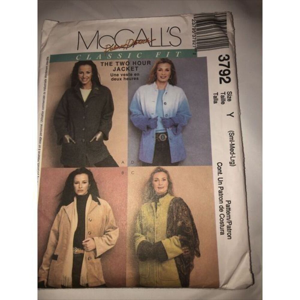 McCall’s 3792 Misses Unlined Jackets Size S,M,L Uncut